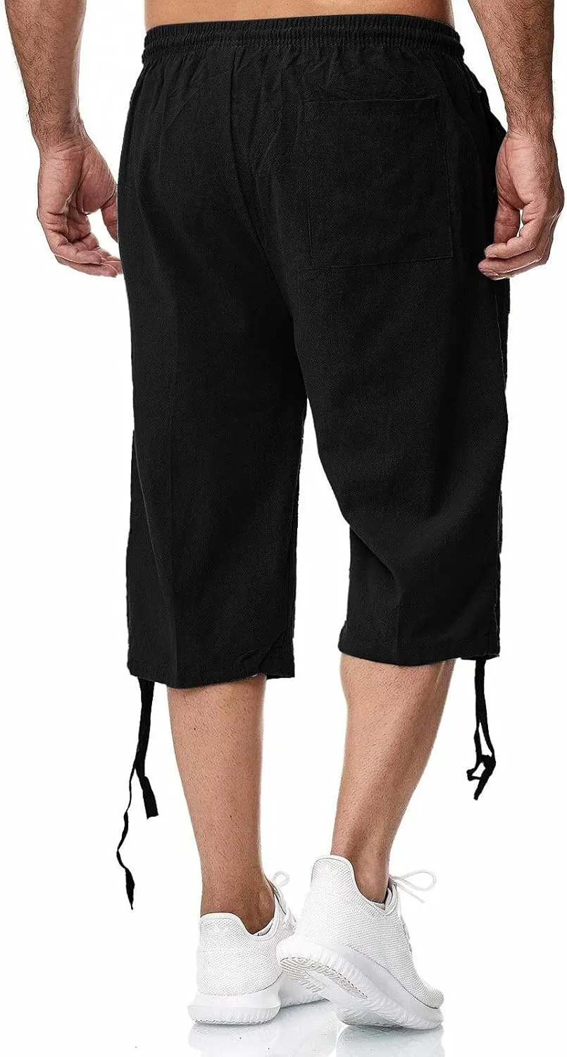 Mens Shorts Cotton Linen Beach Yoga Pants Below Knee Length Casual Loose Fit Canvas Utility Hiker Shorts