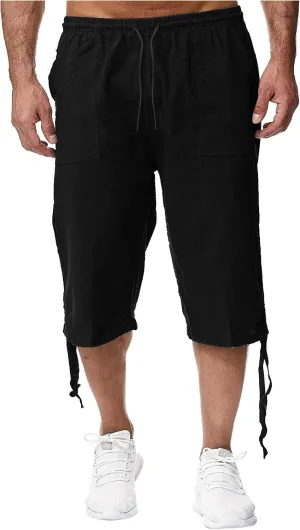 Mens Shorts Cotton Linen Beach Yoga Pants Below Knee Length Casual Loose Fit Canvas Utility Hiker Shorts