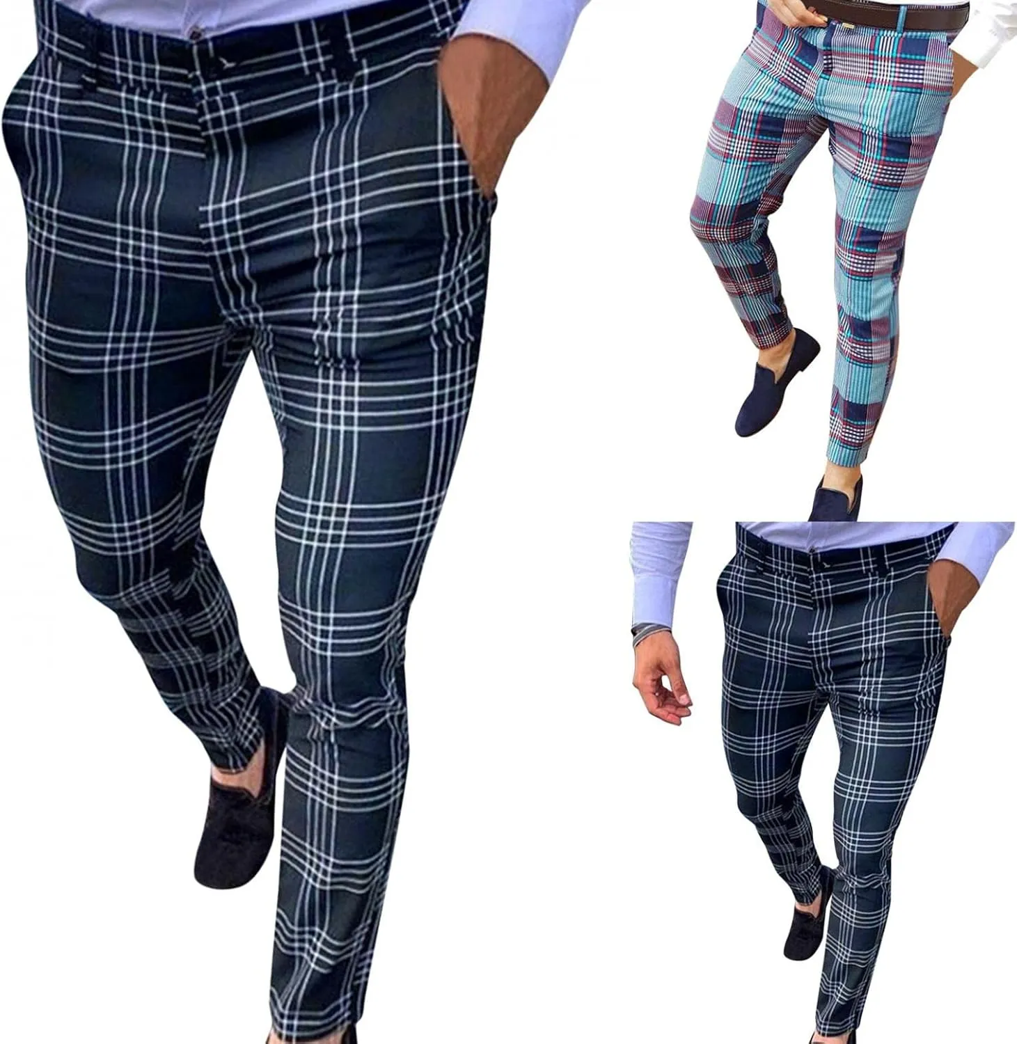 Men's Slim Fit Dress Pants Chinos Stretch Flat-Front Dress Pants Plaid Skinny Business Trousers Pencil Pants