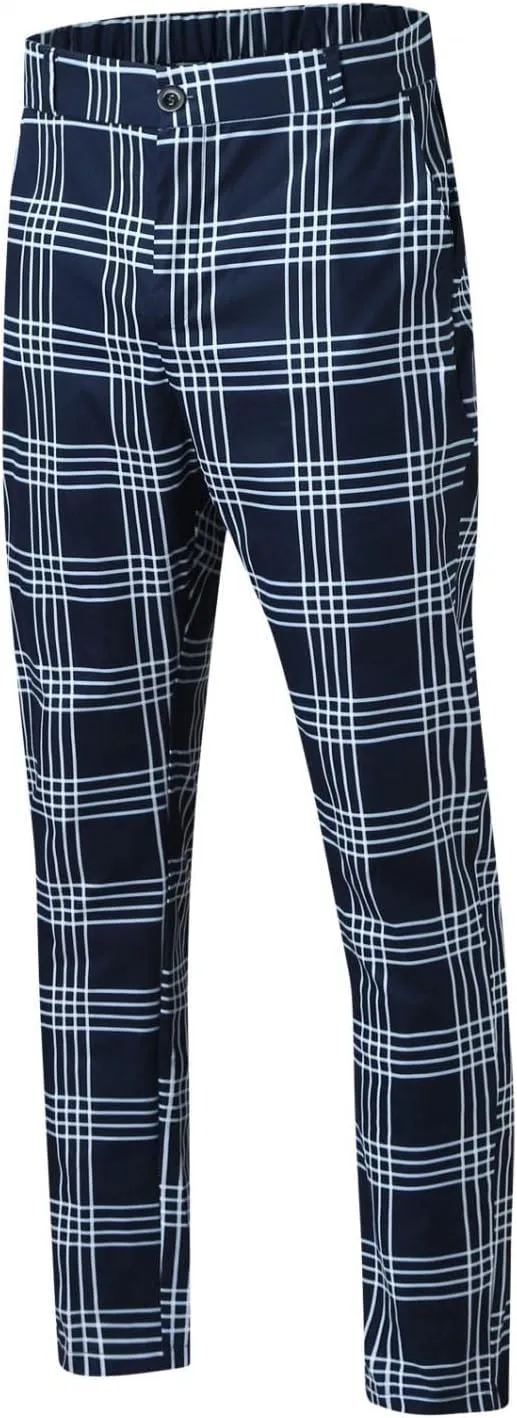 Men's Slim Fit Dress Pants Chinos Stretch Flat-Front Dress Pants Plaid Skinny Business Trousers Pencil Pants