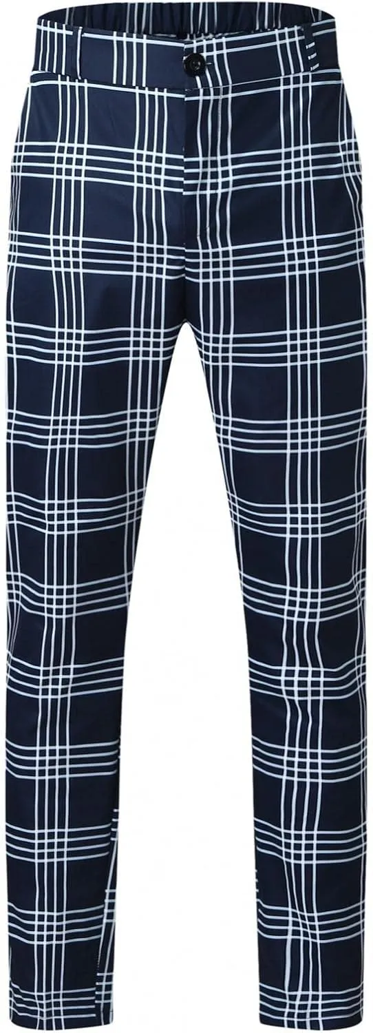 Men's Slim Fit Dress Pants Chinos Stretch Flat-Front Dress Pants Plaid Skinny Business Trousers Pencil Pants