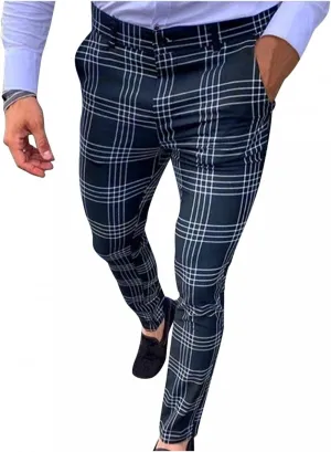 Men's Slim Fit Dress Pants Chinos Stretch Flat-Front Dress Pants Plaid Skinny Business Trousers Pencil Pants