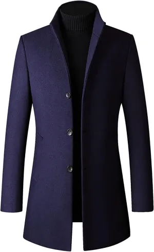 Men's Trench Coat Wool Blend Slim Fit Top Coat Single Breasted Business Overcoat Peacoat Men's