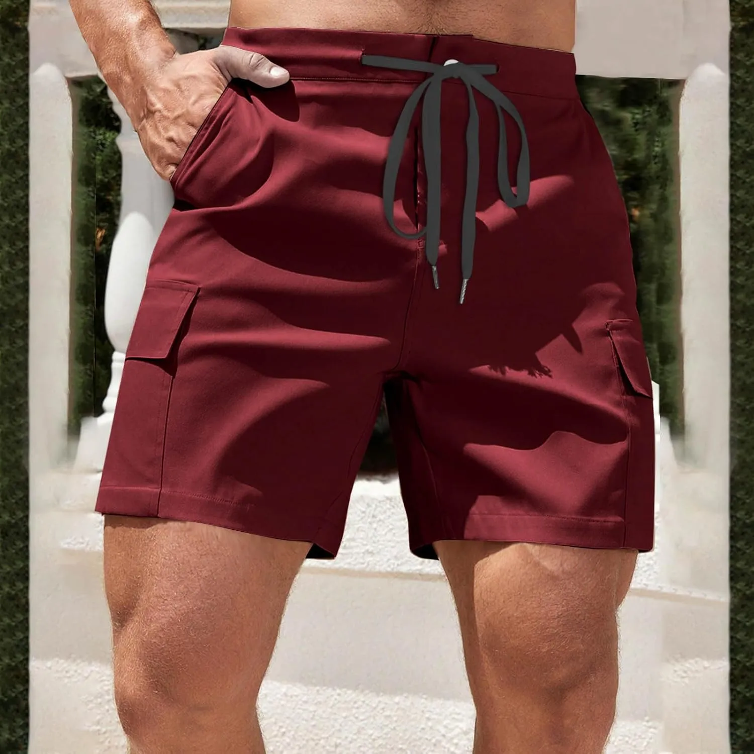 Mens Utility Cargo Shorts Stretch Drawstring Waist Quick Dry Shorts with Dual Flap Pockets and Athletic Fit