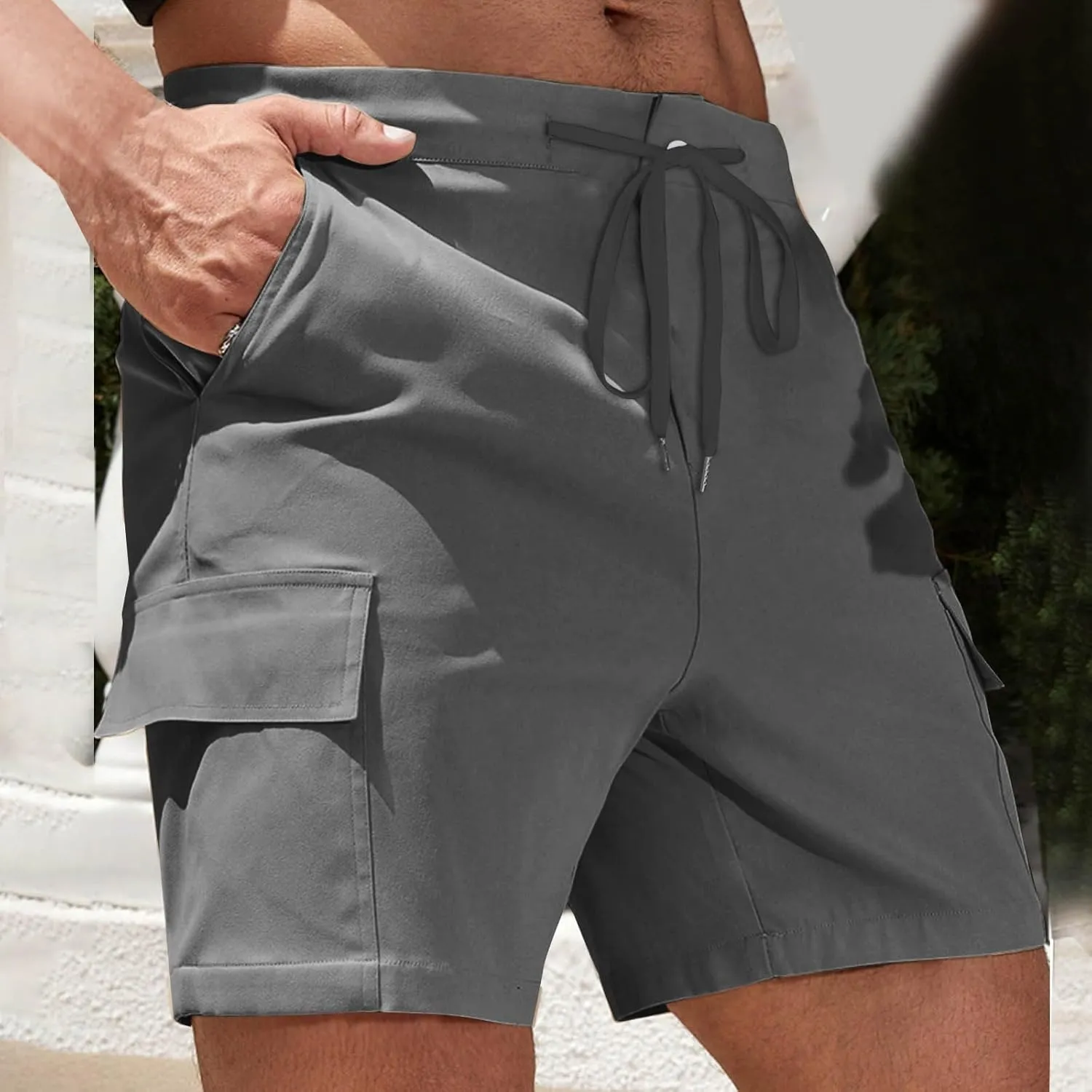 Mens Utility Cargo Shorts Stretch Drawstring Waist Quick Dry Shorts with Dual Flap Pockets and Athletic Fit