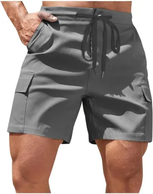 Mens Utility Cargo Shorts Stretch Drawstring Waist Quick Dry Shorts with Dual Flap Pockets and Athletic Fit