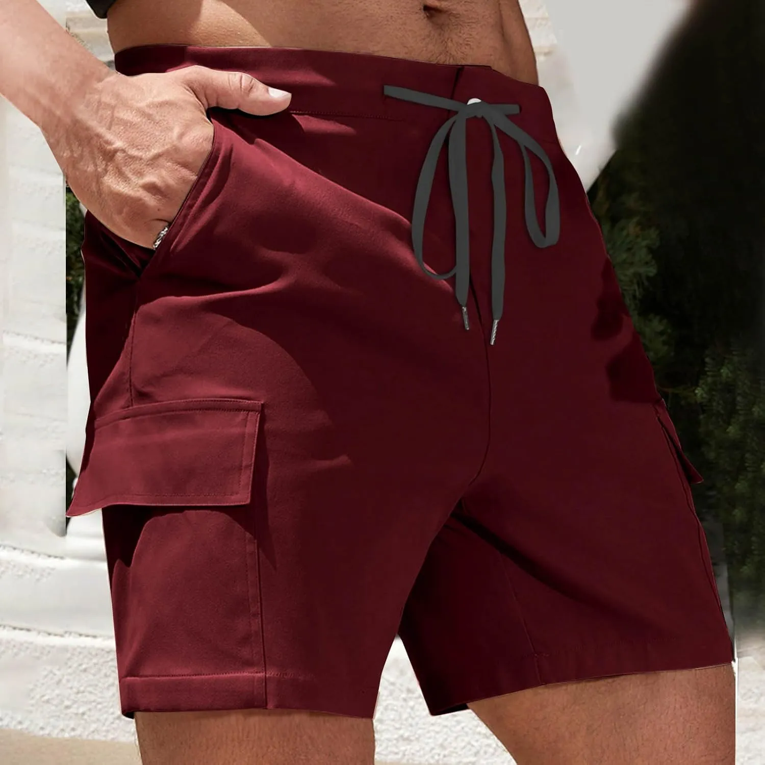 Mens Utility Cargo Shorts Stretch Drawstring Waist Quick Dry Shorts with Dual Flap Pockets and Athletic Fit