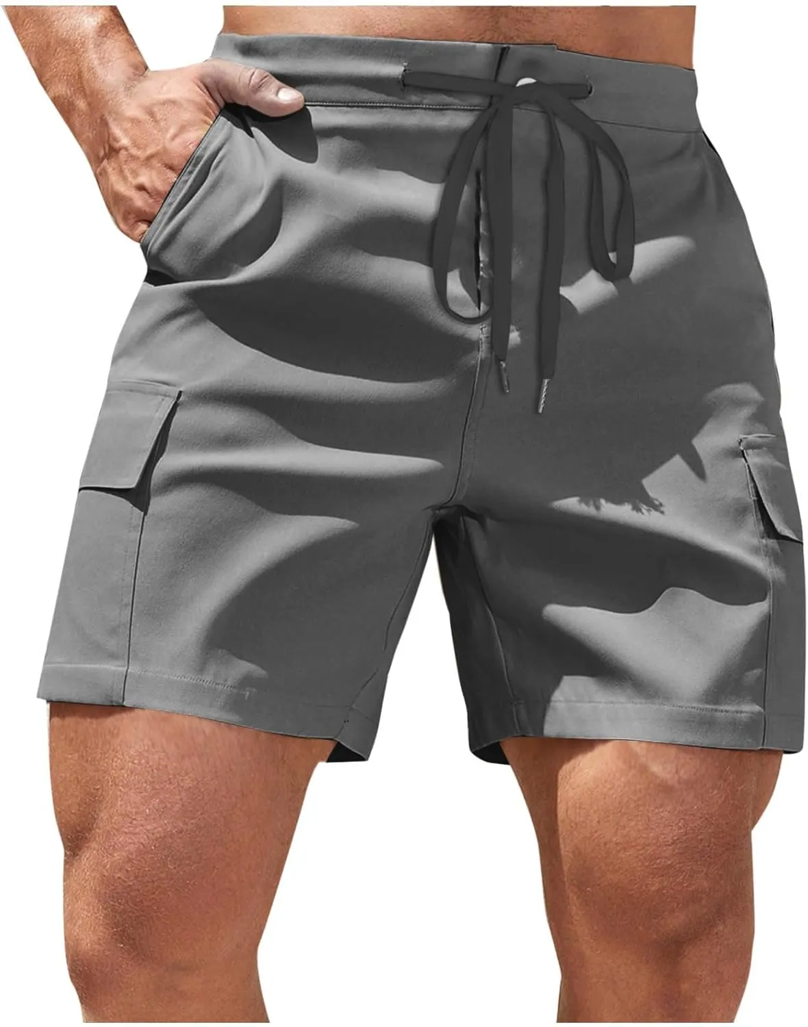 Mens Utility Cargo Shorts Stretch Drawstring Waist Quick Dry Shorts with Dual Flap Pockets and Athletic Fit