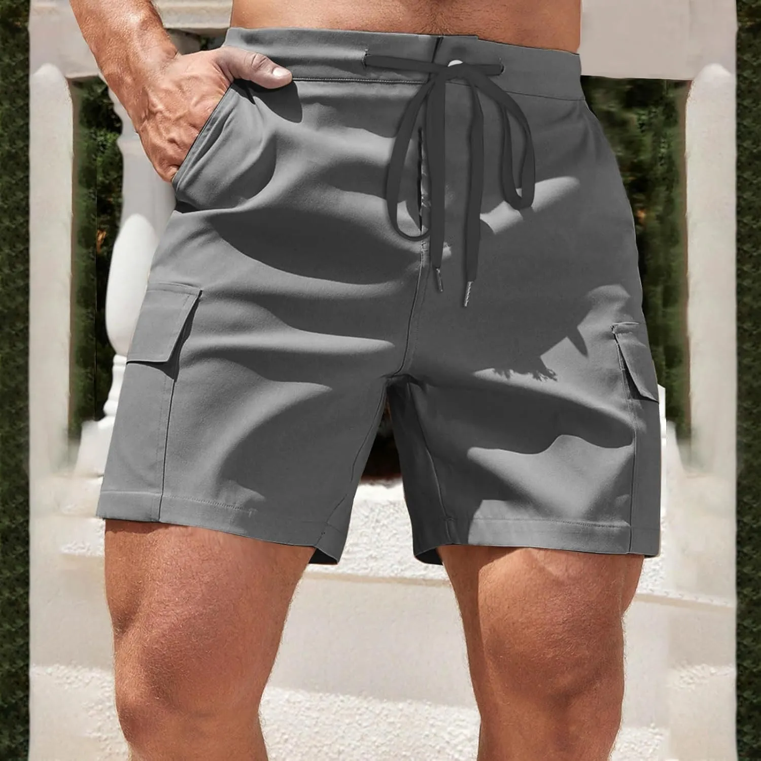 Mens Utility Cargo Shorts Stretch Drawstring Waist Quick Dry Shorts with Dual Flap Pockets and Athletic Fit