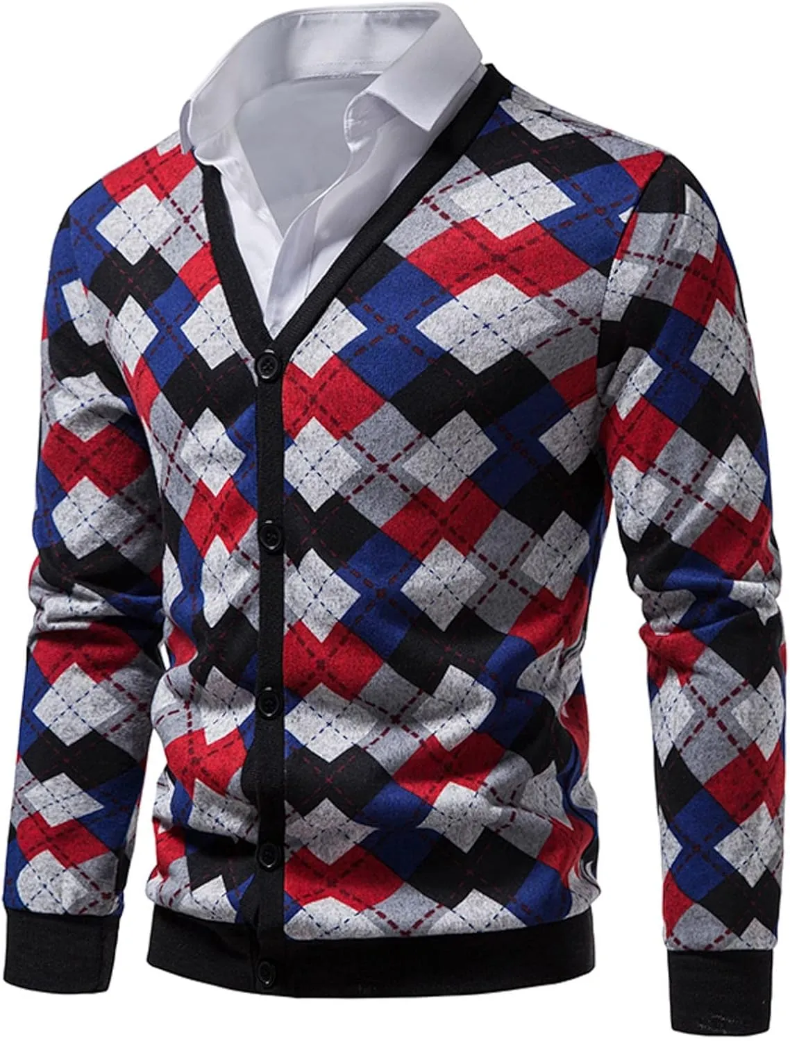 Men's Vintage Argyle Plaid Button Down Cardigan Sweater V-Neck Casual Slim Fit Long Sleeve Knitted Sweaters