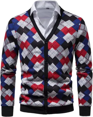 Men's Vintage Argyle Plaid Button Down Cardigan Sweater V-Neck Casual Slim Fit Long Sleeve Knitted Sweaters