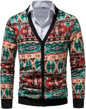 Men's Vintage Argyle Plaid Button Down Cardigan Sweater V-Neck Casual Slim Fit Long Sleeve Knitted Sweaters