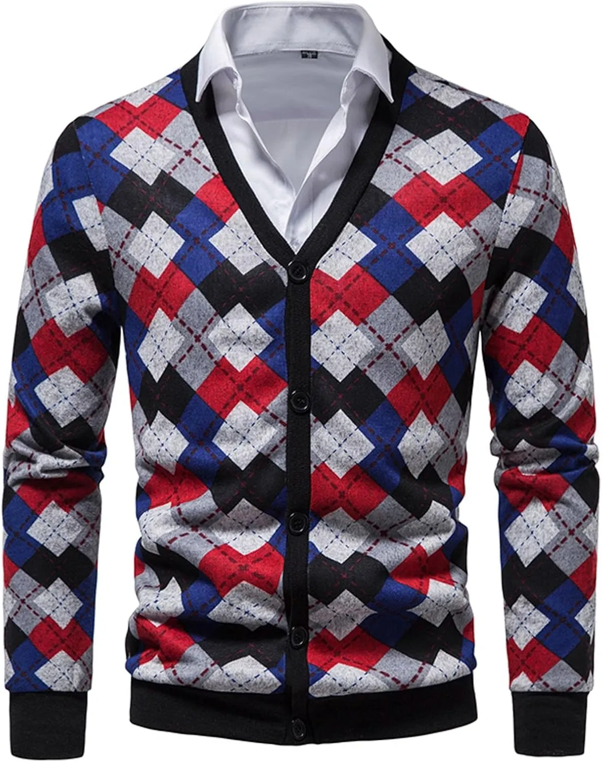 Men's Vintage Argyle Plaid Button Down Cardigan Sweater V-Neck Casual Slim Fit Long Sleeve Knitted Sweaters