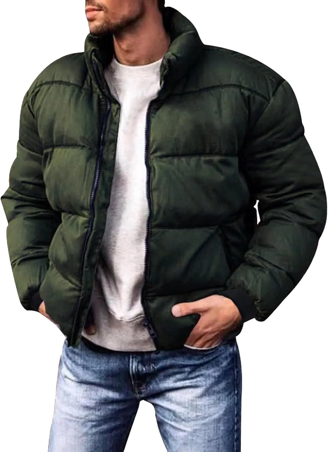 Men's Winter Coat Puffer Jacket Stretch Stand Collar Thick Fleece Jacket, M-2XL