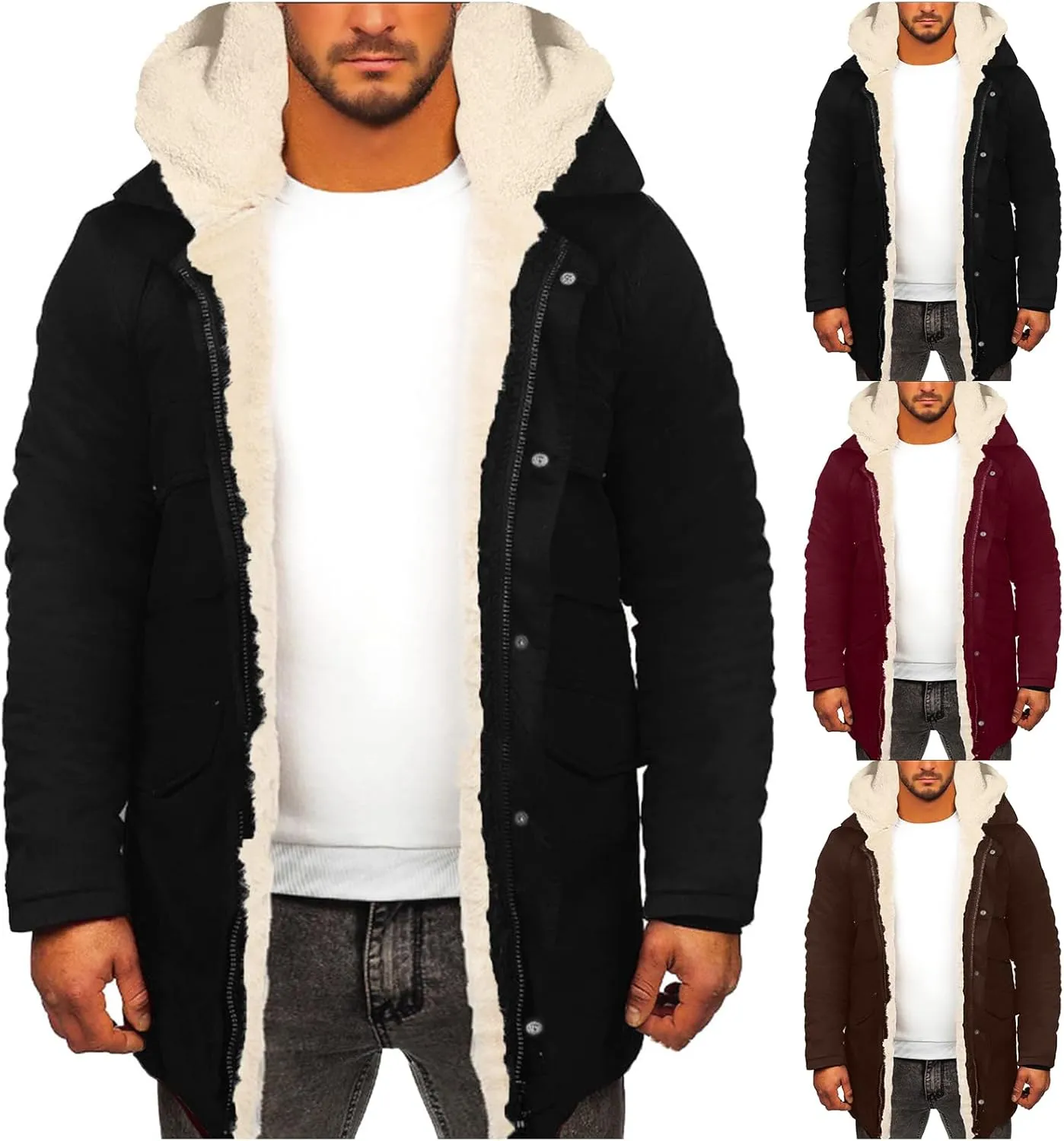 Mens Winter Coat Thick Fleece Sherpa Lined Parka Long Trench Jacket Hooded Outdoor Warm Overcoat Plus Size with Pocket