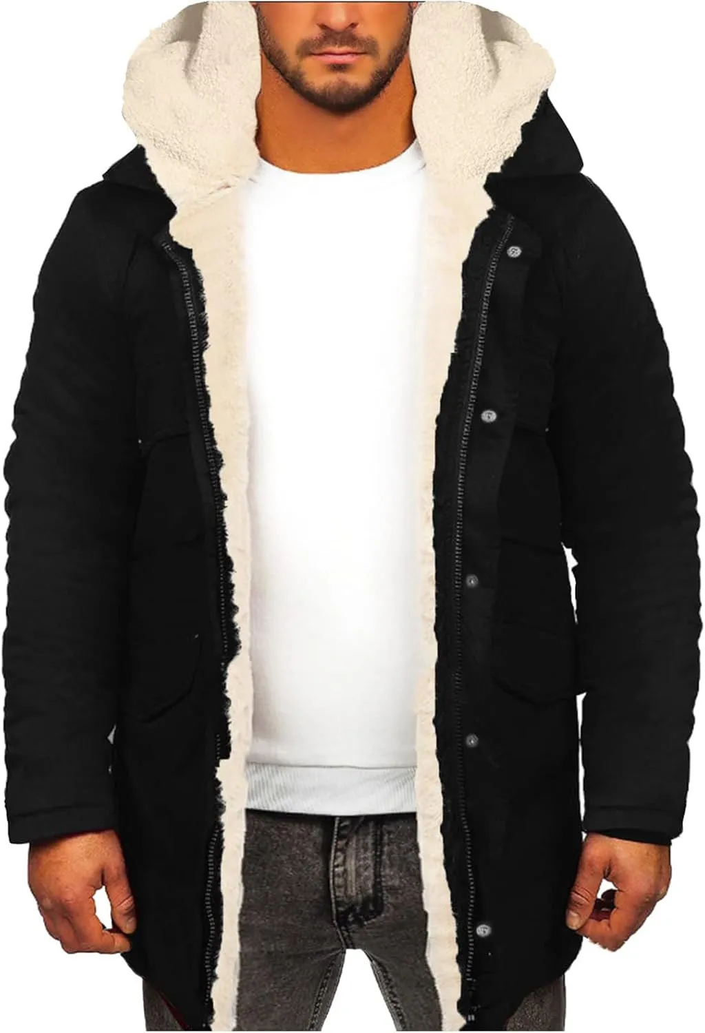 Mens Winter Coat Thick Fleece Sherpa Lined Parka Long Trench Jacket Hooded Outdoor Warm Overcoat Plus Size with Pocket