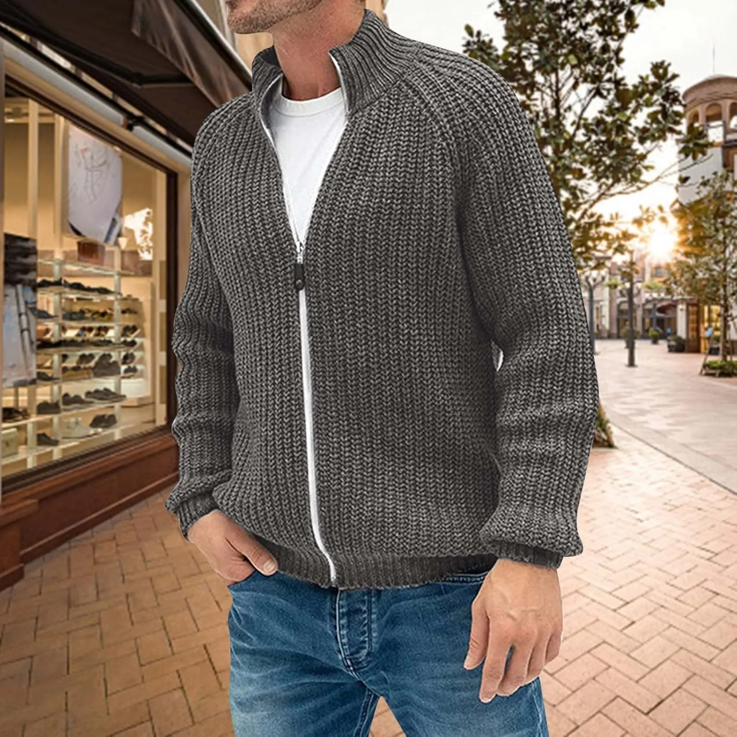 Mens Winter Warm Cardigan Sweater Long Sleeve Shawl Collar Solid Color Casual Stylish Button Down Shacket Waterproof