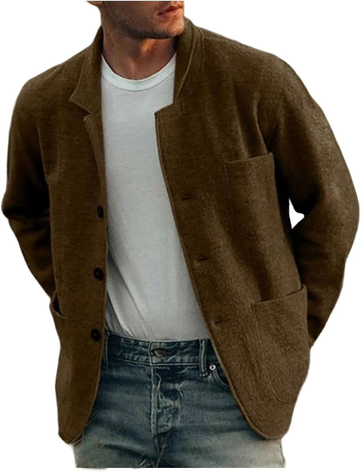 Mens Wool Blend Jacket Lightweight Casual Outwear Notch Lapel Shacket Jacket Single Breasted Coat with Pockets