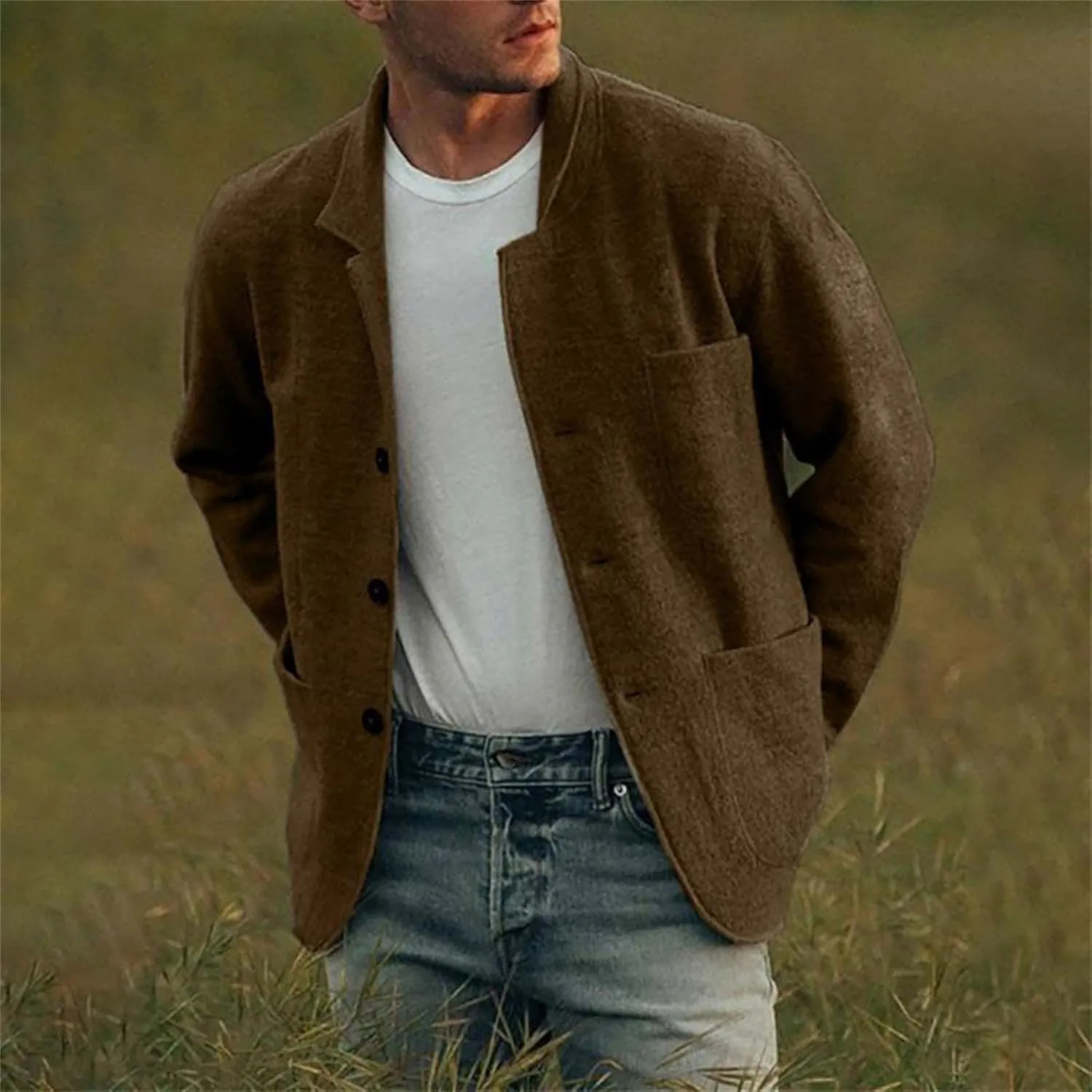 Mens Wool Blend Jacket Lightweight Casual Outwear Notch Lapel Shacket Jacket Single Breasted Coat with Pockets