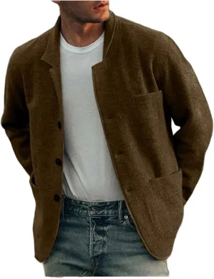 Mens Wool Blend Jacket Lightweight Casual Outwear Notch Lapel Shacket Jacket Single Breasted Coat with Pockets