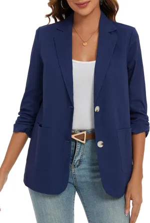 MINTLIMIT Cotton Linen Blazer Women Suit Jackets for Work Business Casual Lightweight Lapel 3/4 Sleeve Jacket (Navy, Size 2XL)