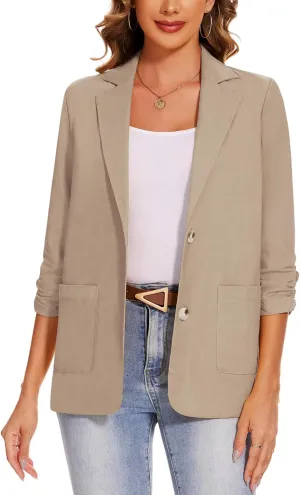 MINTLIMIT Women's Cotton Linen Blazer Jackets Ruched 3/4 Sleeve Summer Casual Lightweight Button Lapel Blazers with Pockets