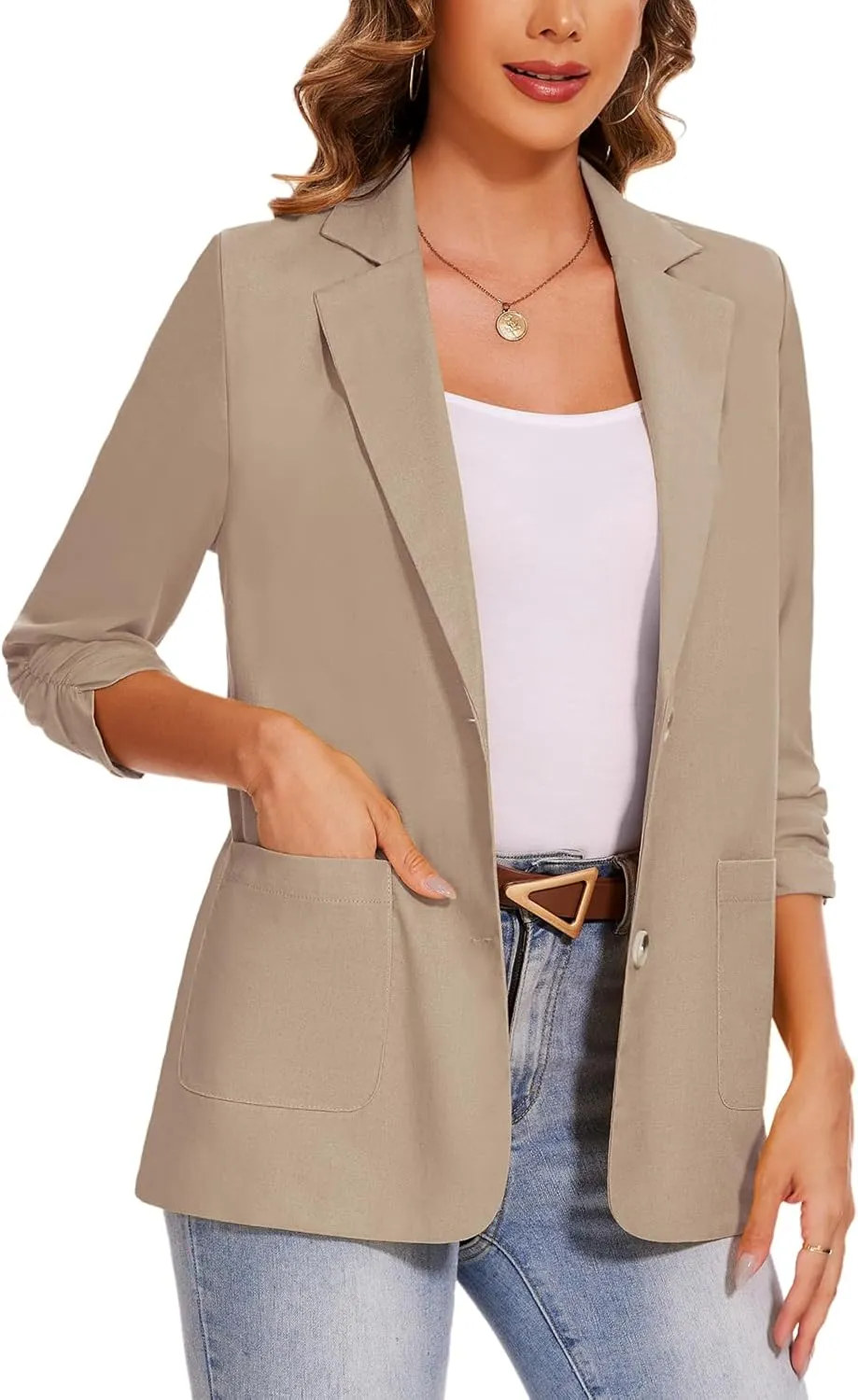 MINTLIMIT Women's Cotton Linen Blazer Jackets Ruched 3/4 Sleeve Summer Casual Lightweight Button Lapel Blazers with Pockets