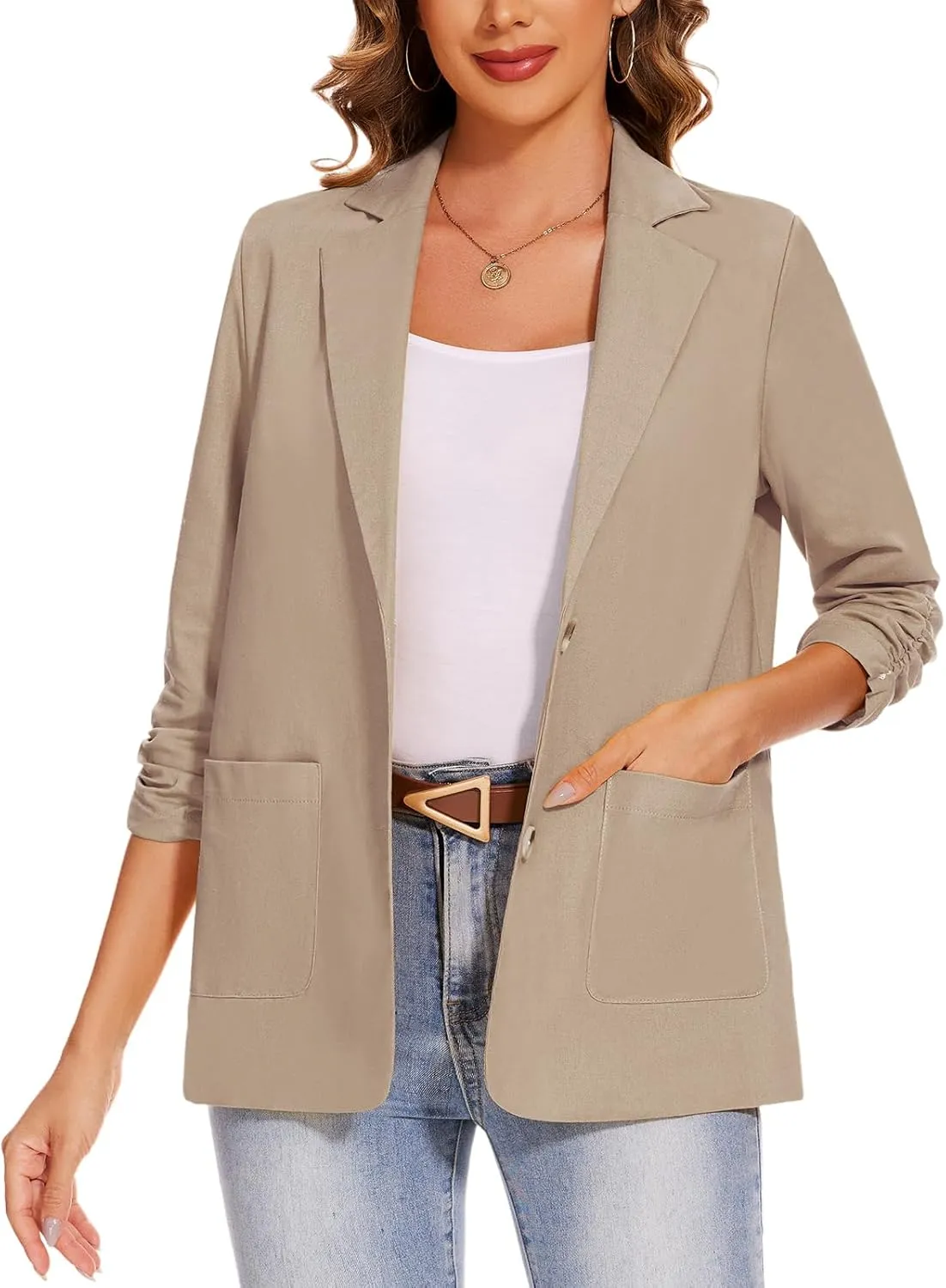 MINTLIMIT Women's Cotton Linen Blazer Jackets Ruched 3/4 Sleeve Summer Casual Lightweight Button Lapel Blazers with Pockets