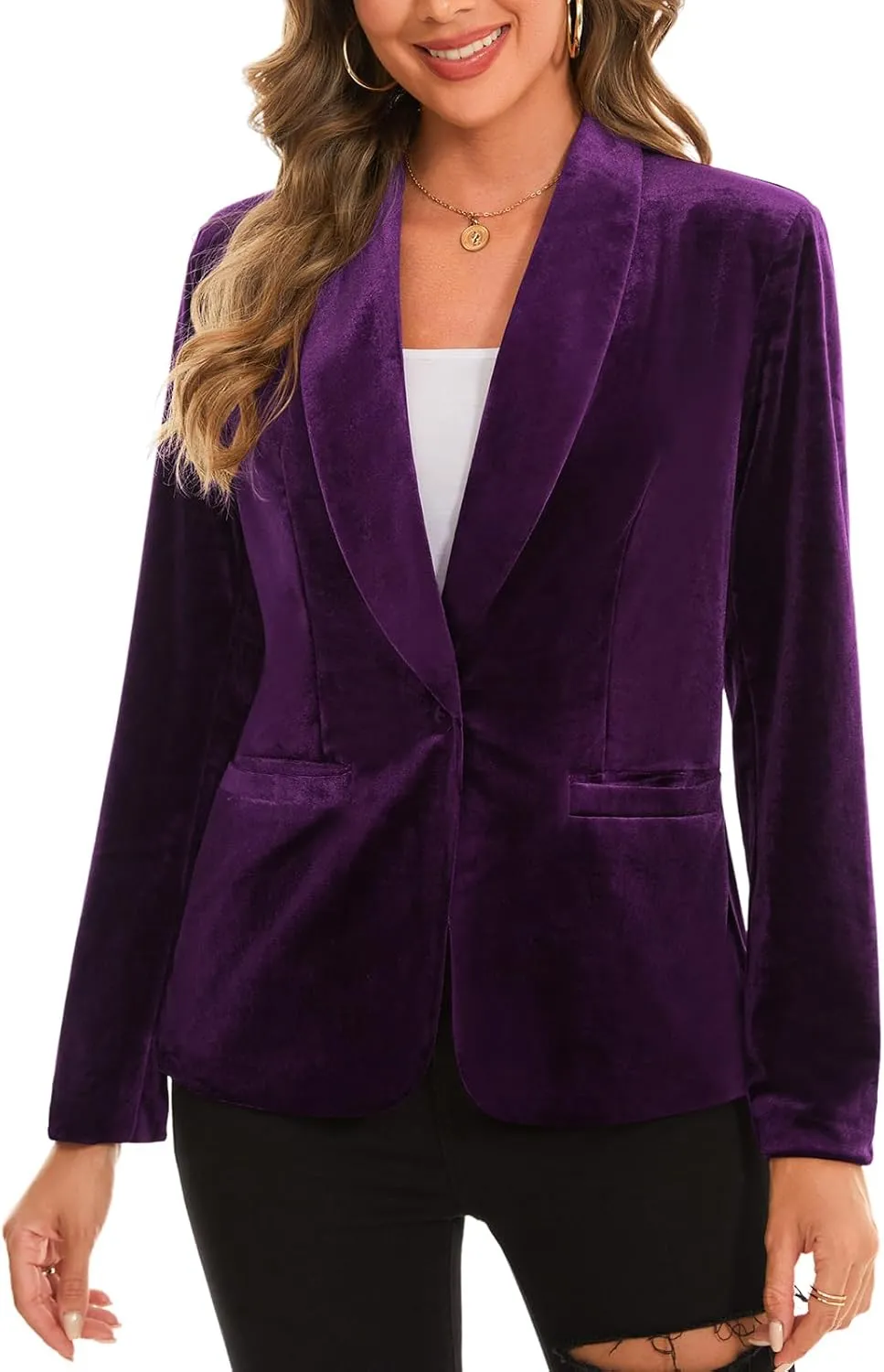 MINTLIMIT Women's Office Velvet Blazers Long Sleeve Shawl Collar 1 Button Open Front Lightweight Blazer Jacket with Pockets