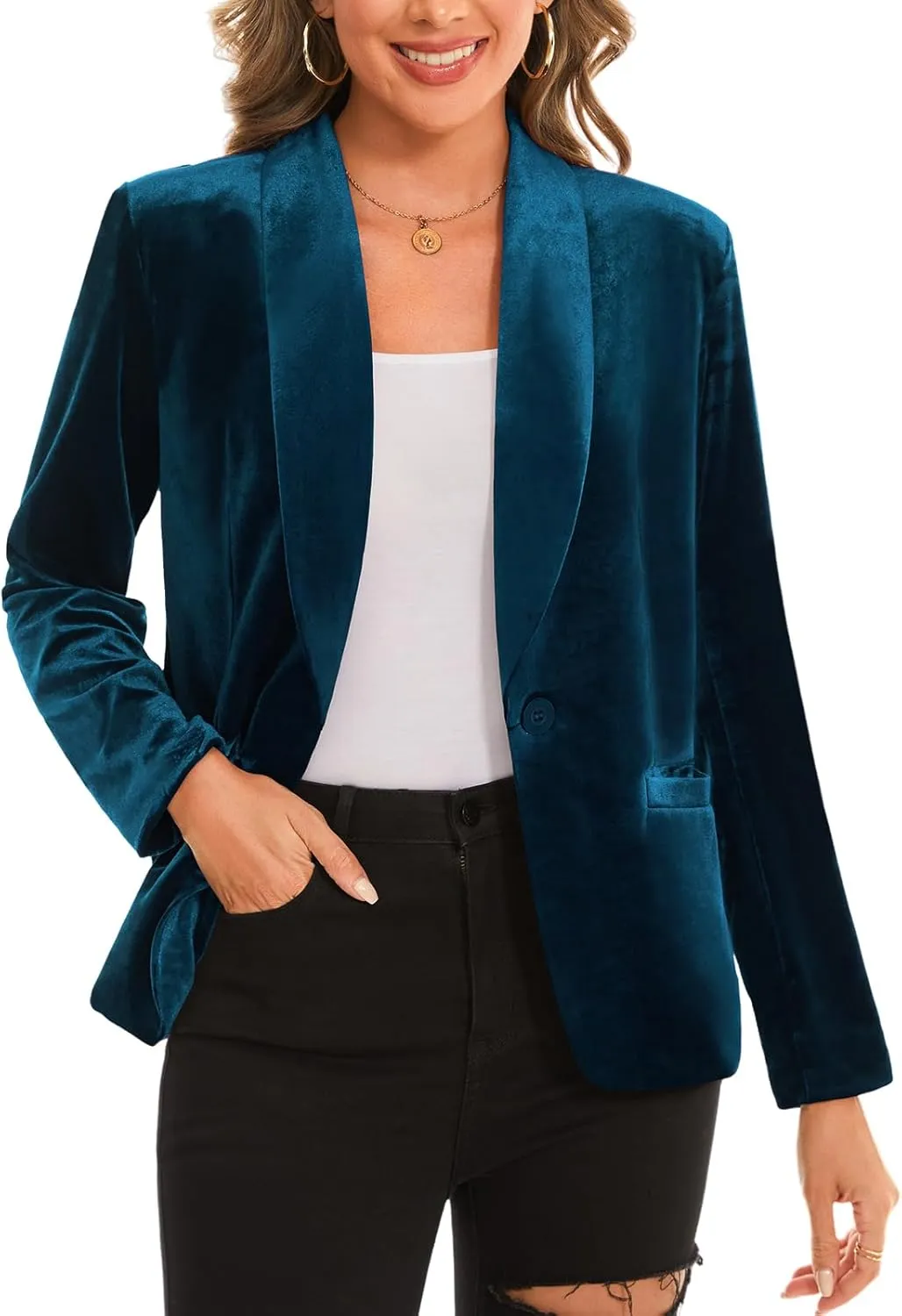 MINTLIMIT Women's Office Velvet Blazers Long Sleeve Shawl Collar 1 Button Open Front Lightweight Blazer Jacket with Pockets