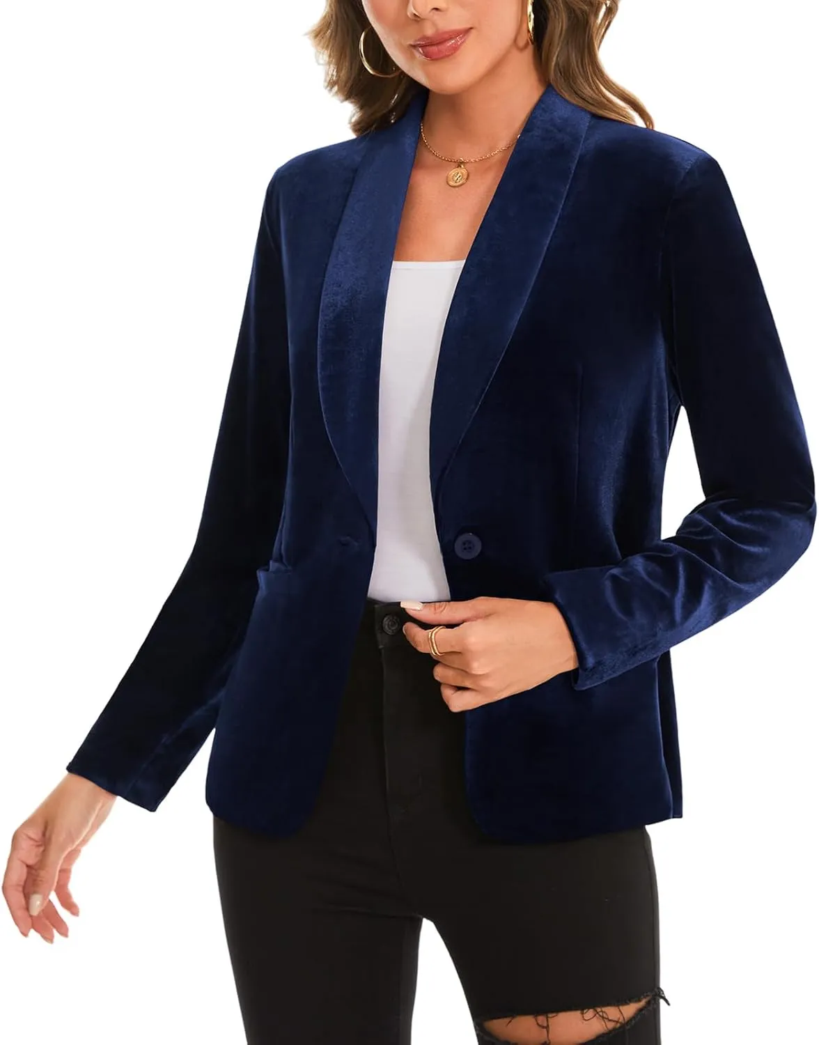 MINTLIMIT Women's Office Velvet Blazers Long Sleeve Shawl Collar 1 Button Open Front Lightweight Blazer Jacket with Pockets