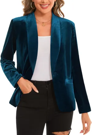 MINTLIMIT Women's Office Velvet Blazers Long Sleeve Shawl Collar 1 Button Open Front Lightweight Blazer Jacket with Pockets