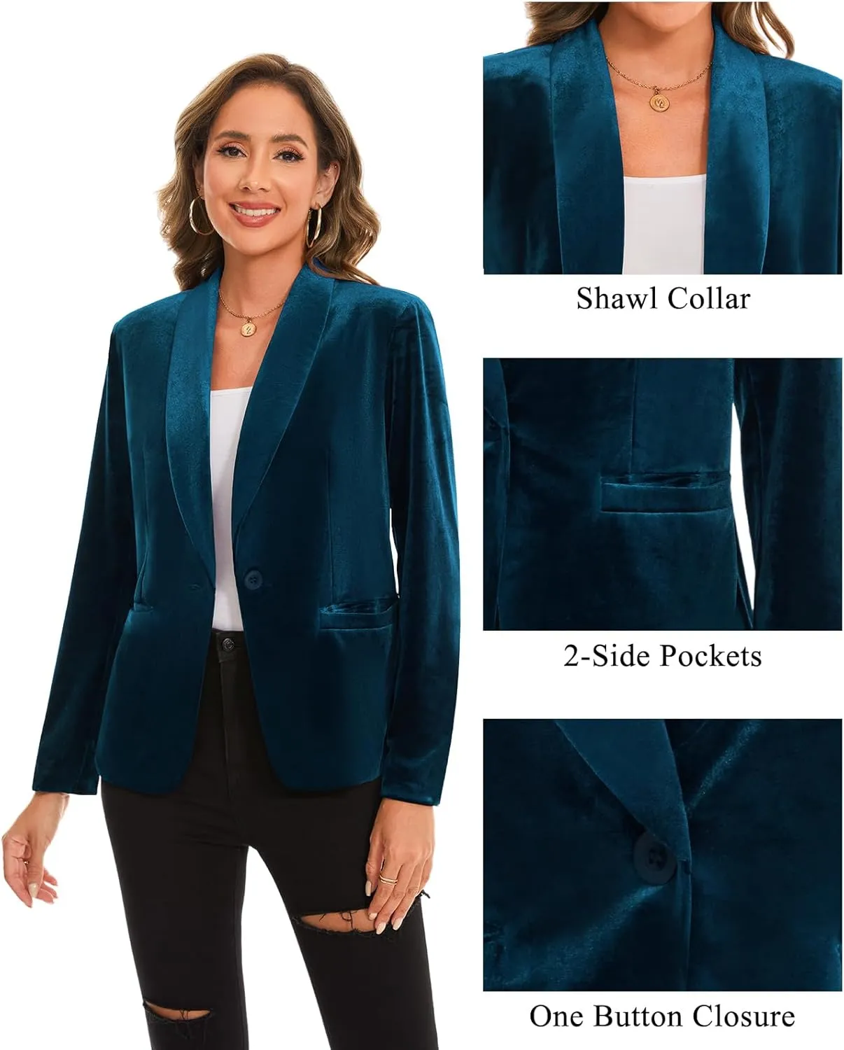 MINTLIMIT Women's Office Velvet Blazers Long Sleeve Shawl Collar 1 Button Open Front Lightweight Blazer Jacket with Pockets