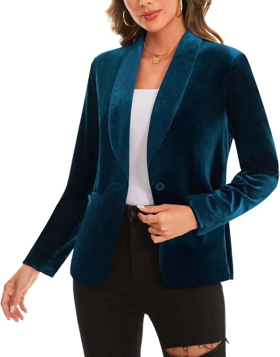 MINTLIMIT Women's Office Velvet Blazers Long Sleeve Shawl Collar 1 Button Open Front Lightweight Blazer Jacket with Pockets