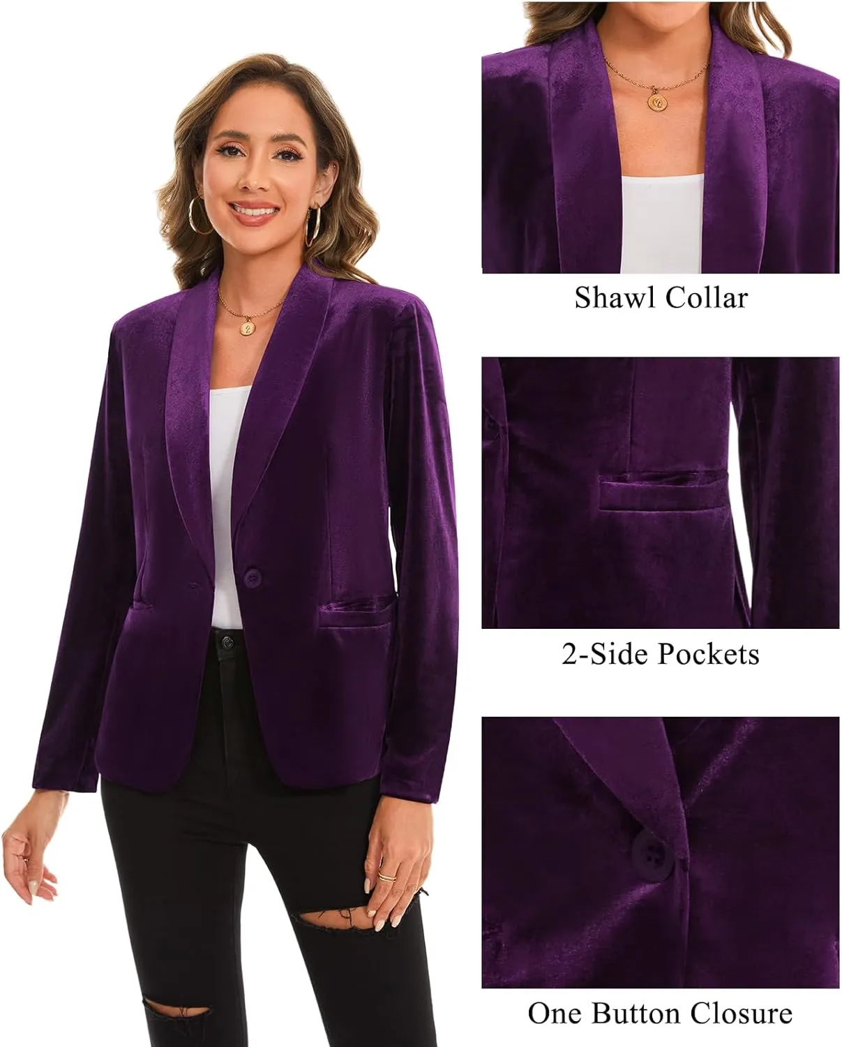 MINTLIMIT Women's Office Velvet Blazers Long Sleeve Shawl Collar 1 Button Open Front Lightweight Blazer Jacket with Pockets