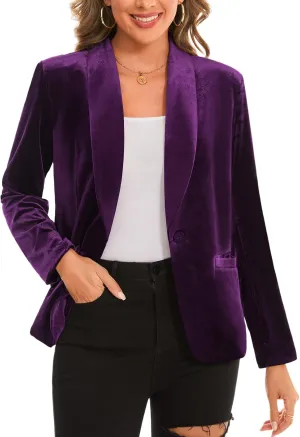 MINTLIMIT Women's Office Velvet Blazers Long Sleeve Shawl Collar 1 Button Open Front Lightweight Blazer Jacket with Pockets