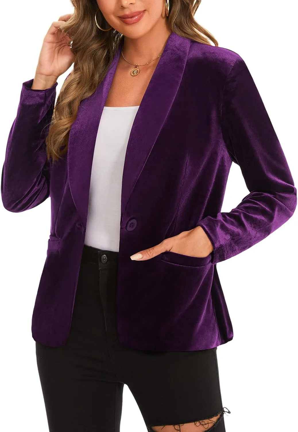 MINTLIMIT Women's Office Velvet Blazers Long Sleeve Shawl Collar 1 Button Open Front Lightweight Blazer Jacket with Pockets