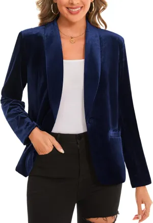 MINTLIMIT Women's Office Velvet Blazers Long Sleeve Shawl Collar 1 Button Open Front Lightweight Blazer Jacket with Pockets