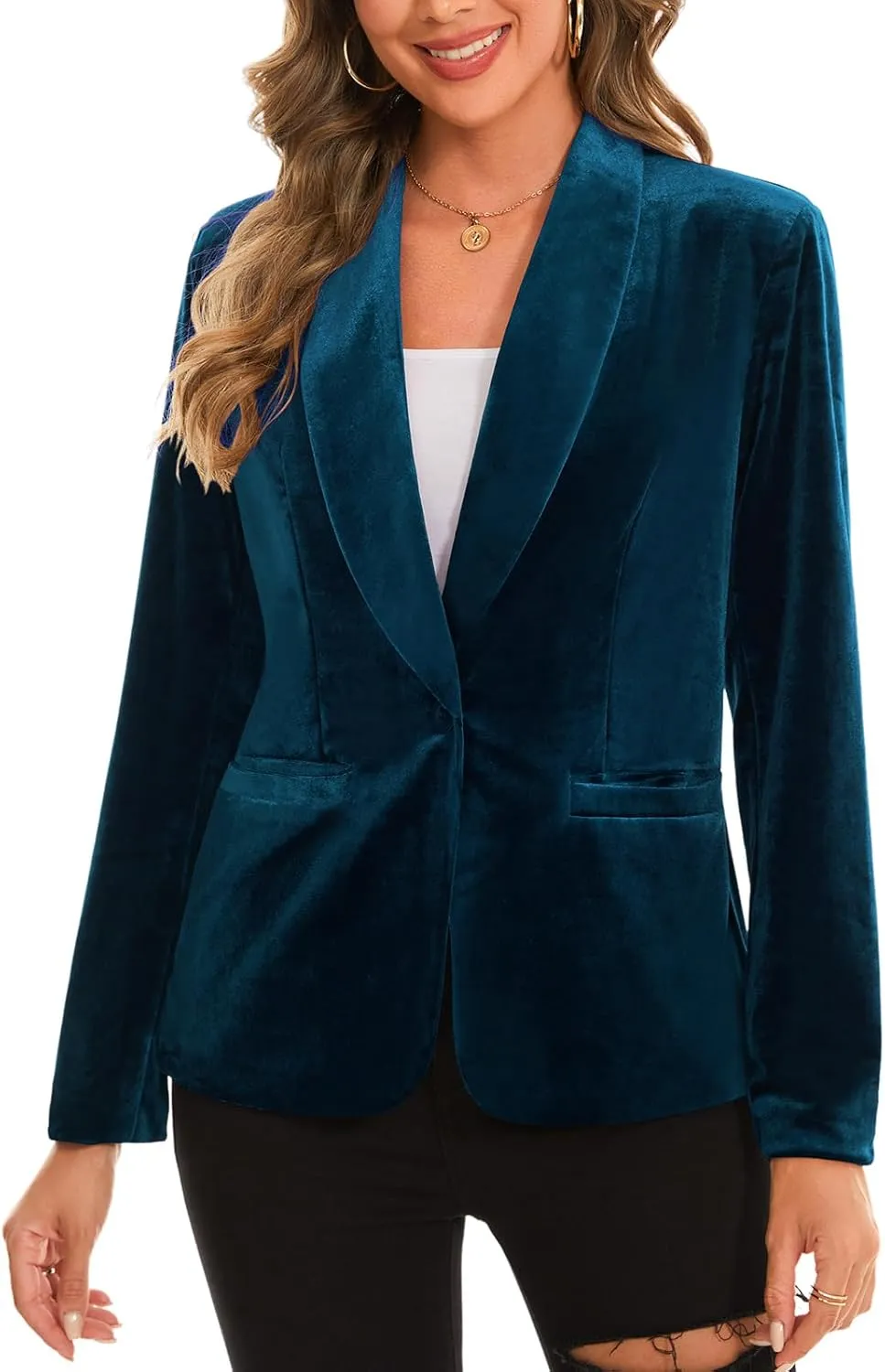 MINTLIMIT Women's Office Velvet Blazers Long Sleeve Shawl Collar 1 Button Open Front Lightweight Blazer Jacket with Pockets