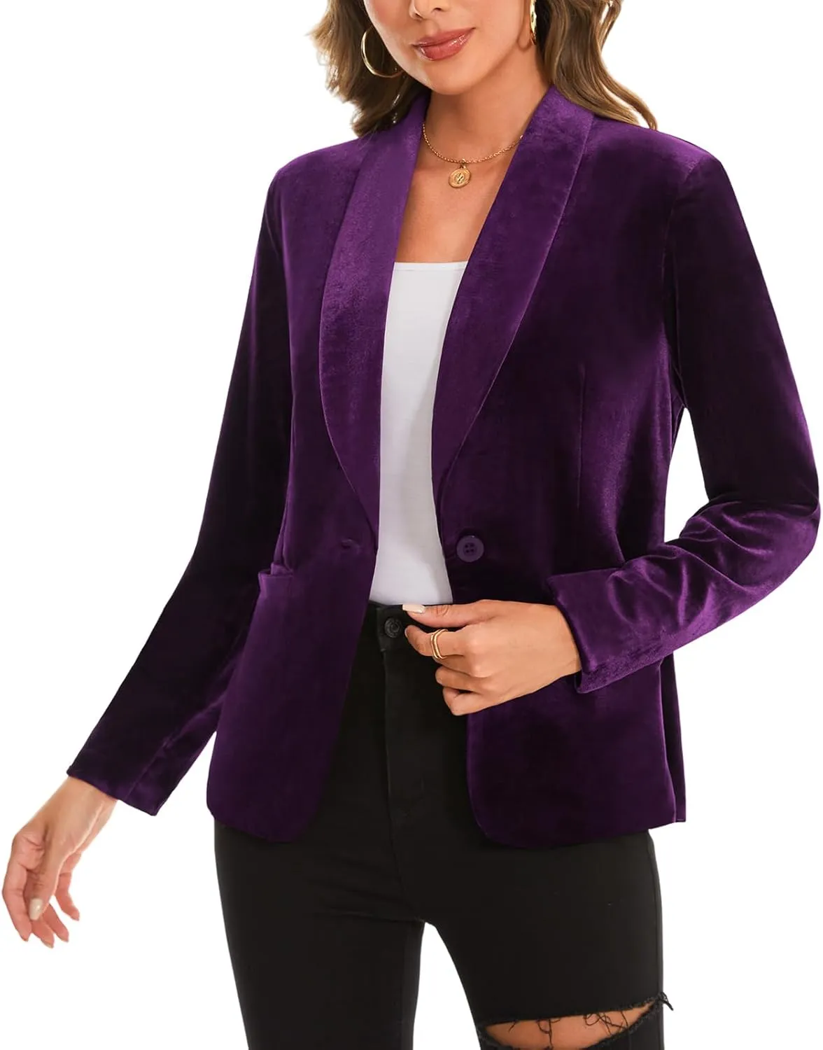 MINTLIMIT Women's Office Velvet Blazers Long Sleeve Shawl Collar 1 Button Open Front Lightweight Blazer Jacket with Pockets