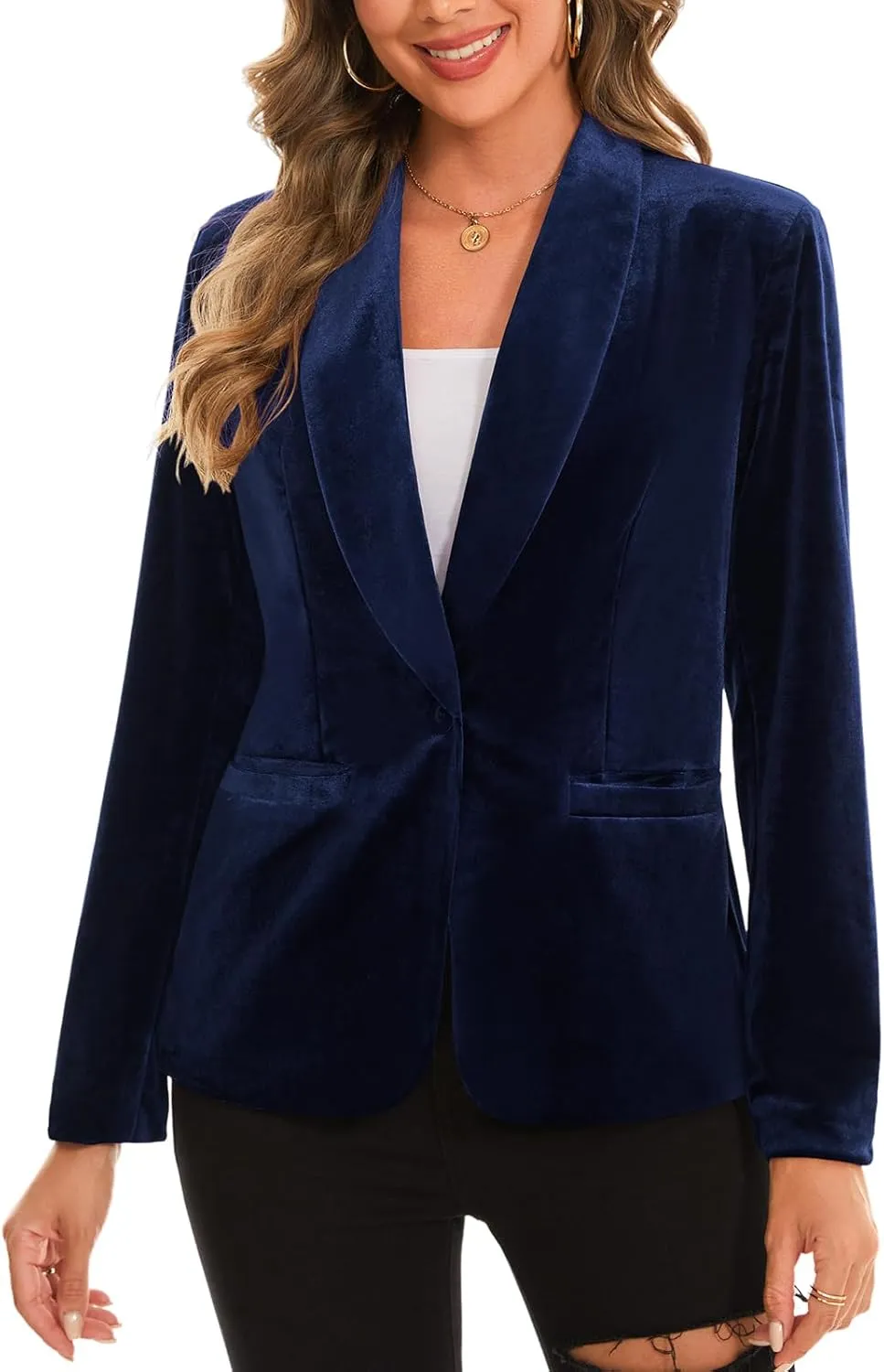 MINTLIMIT Women's Office Velvet Blazers Long Sleeve Shawl Collar 1 Button Open Front Lightweight Blazer Jacket with Pockets