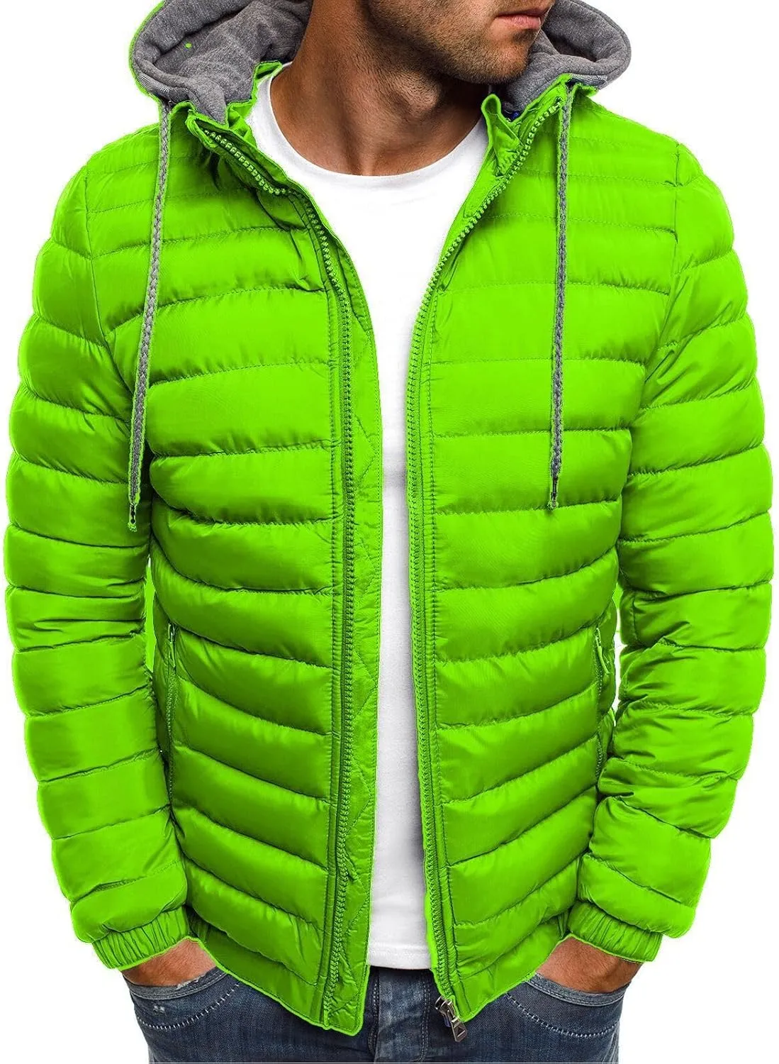 Mmoneyake Men's Hooded Puffer Jacket Quilted Cotton Padded Insulated Down Coat Autumn and Winter Solid Zipper Hoodies Outwear