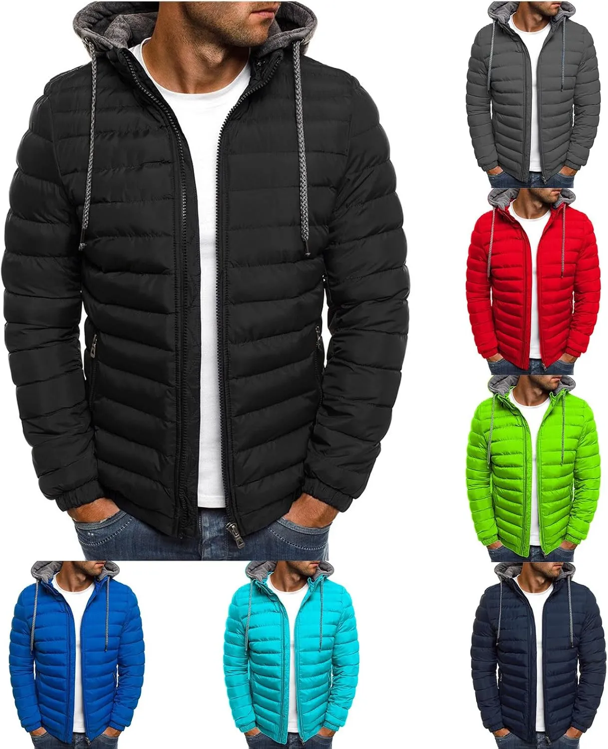 Mmoneyake Men's Hooded Puffer Jacket Quilted Cotton Padded Insulated Down Coat Autumn and Winter Solid Zipper Hoodies Outwear