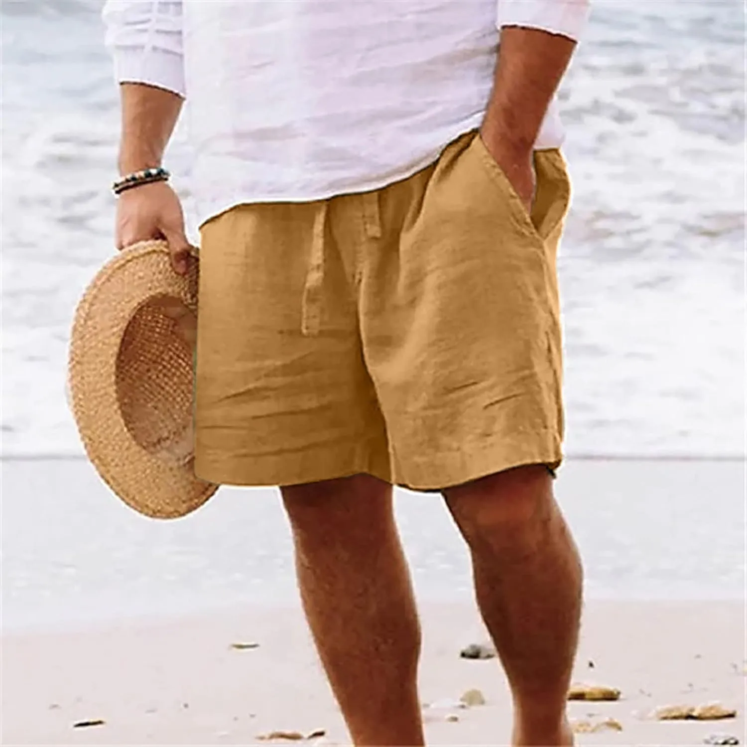 Muscularfit Men Linen Shorts Elastic Waist Drawstring Cotton Linen Shorts with Pockets Loose Fit Outdoor Summer Beach Shorts