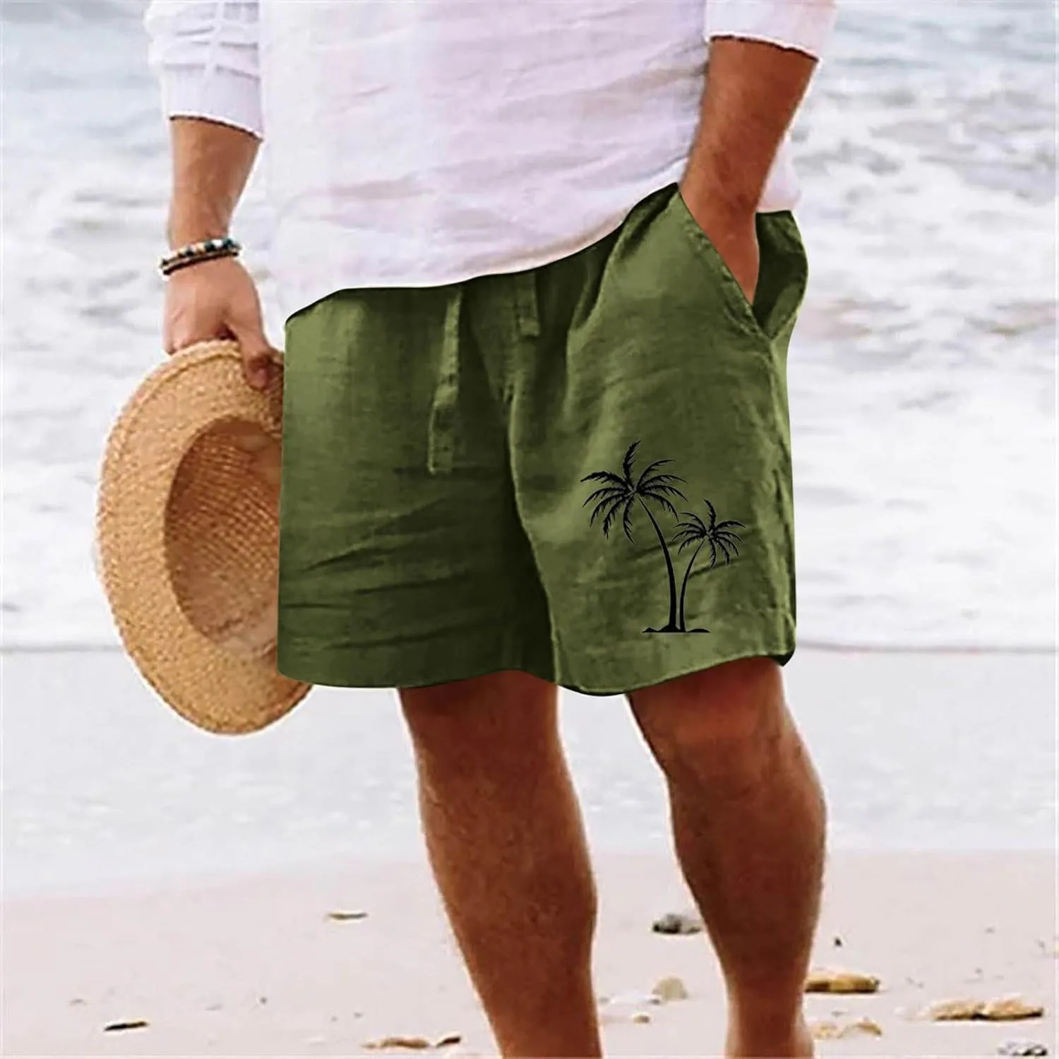 Muscularfit Men Linen Shorts Elastic Waist Drawstring Cotton Linen Shorts with Pockets Loose Fit Outdoor Summer Beach Shorts