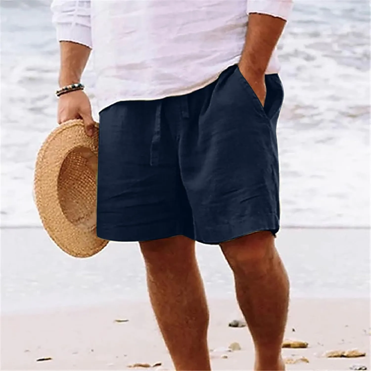 Muscularfit Men Linen Shorts Elastic Waist Drawstring Cotton Linen Shorts with Pockets Loose Fit Outdoor Summer Beach Shorts