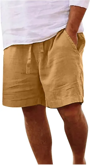 Muscularfit Men Linen Shorts Elastic Waist Drawstring Cotton Linen Shorts with Pockets Loose Fit Outdoor Summer Beach Shorts