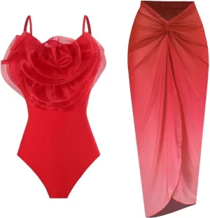One Piece Swimsuit Women,2024 Summer Retro Print Tummy Control Bathing Suit with Beach Cover Up Wrap Skirt Sarong