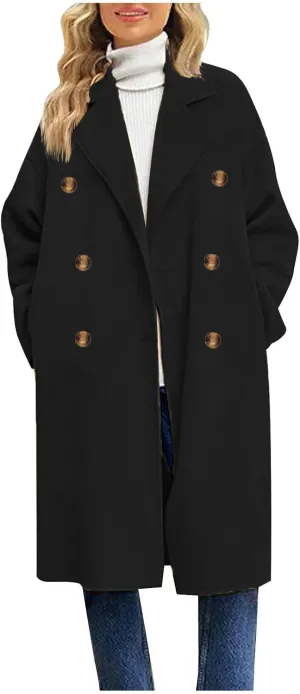 Pea Coats for Women Single Breasted Office Work Trench Coat 2024 Fall Winter Warm Loose Wool Blend Overcoat