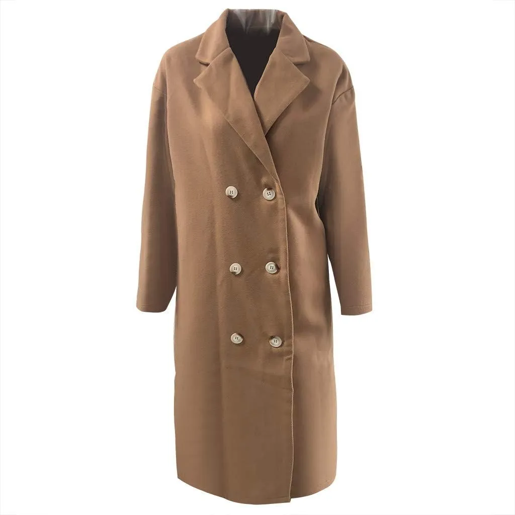 Pea Coats for Women Winter Wool Blend Camel Trench Coat Notch Lapel Double-Breasted Mid-Long Jacket Outwear